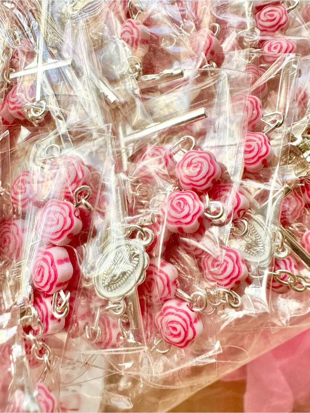 100 Piece Pink Baptism Favors Set with Rosary, Tags, Pink Bags, Cross Boxes